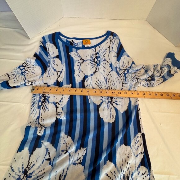 Ruby Rd. Blue, Black & White Floral Striped Tunic Dress Womens Large Rayon Boho - Picture 5 of 7